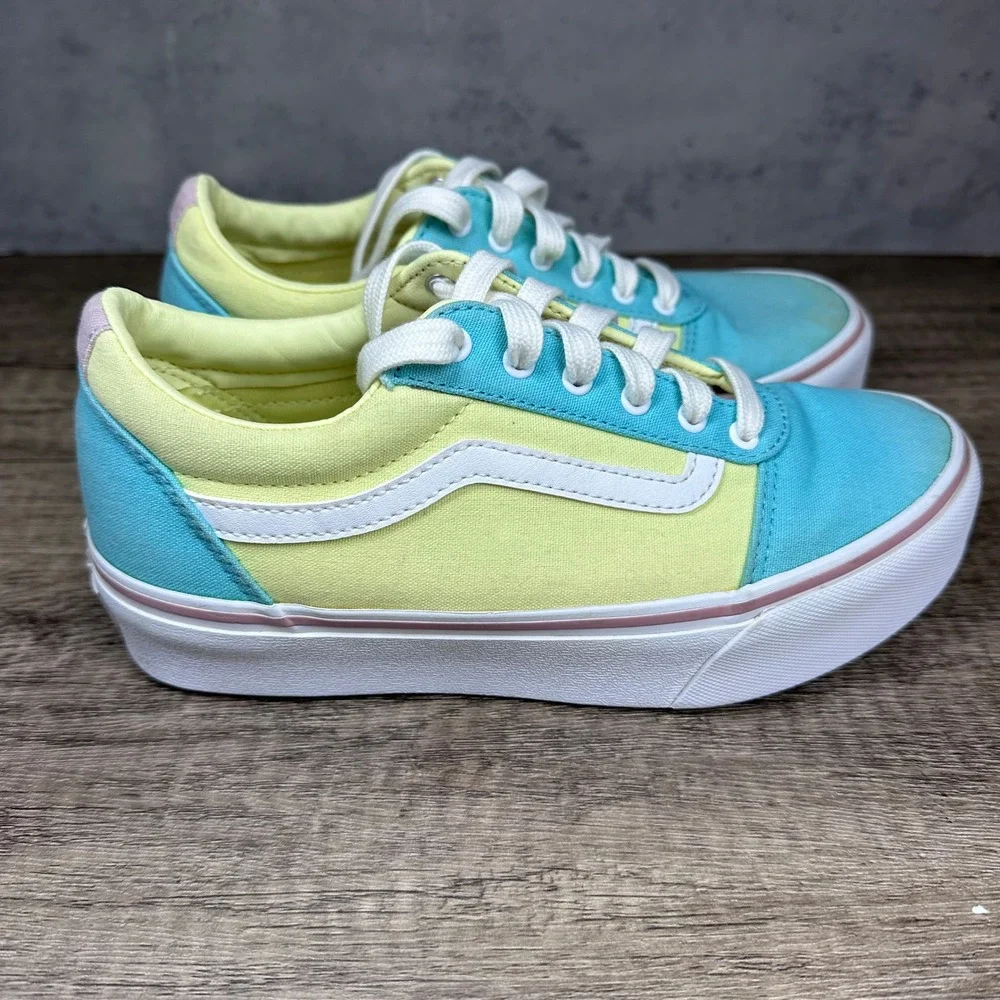 Vans~Girl's~Ward Low Colorblock Teal/Yellow/Pink Canvas Sneakers~Size 4